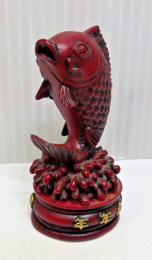 Chinese Culture Red Resin Fish KOI Faux Statue Decor Fortune 3″
