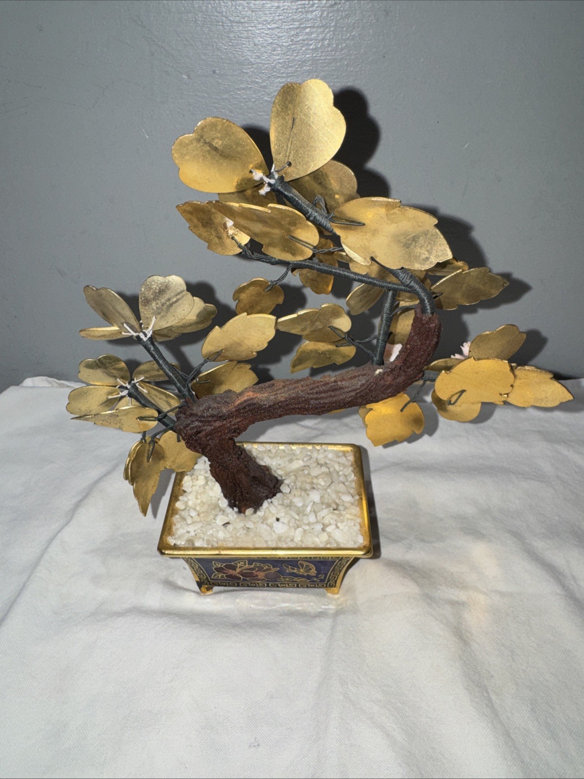 Cloisonne Enamel and Metal Bonsai Tree w/ Pot Colorful Flowers 7.5” Vintage