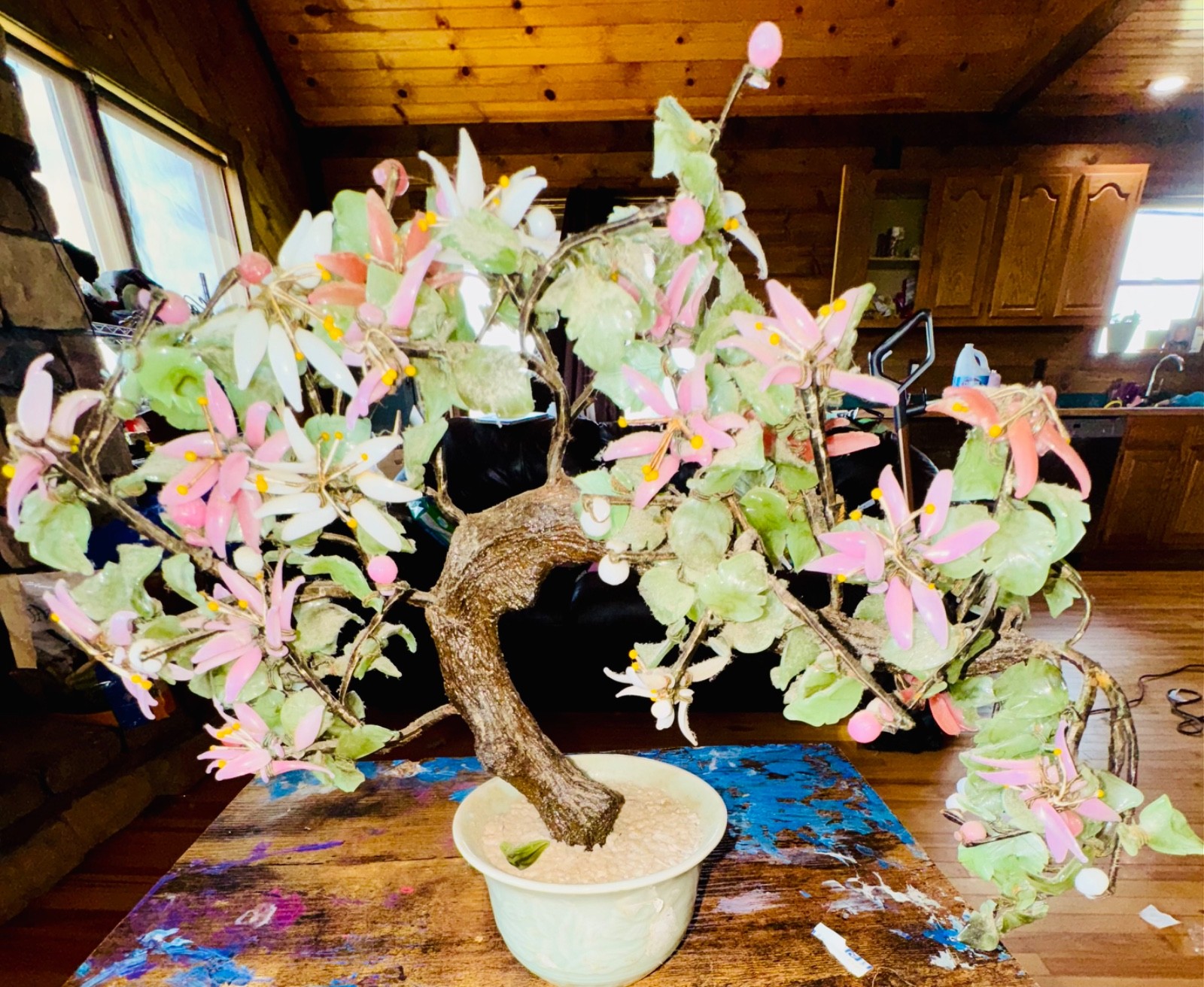 Vintage Large Chinese Jade Stone Glass Bonsai Tree Multi Color