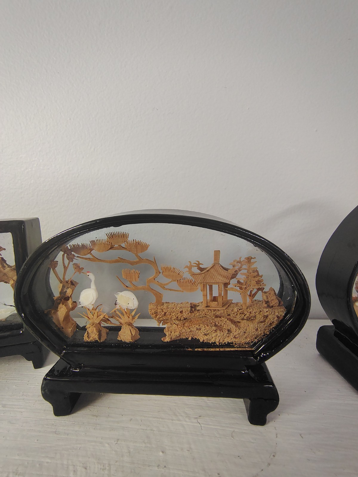 6 Vintage Chinese Cork Carving Art Dioramas 3.75″ H