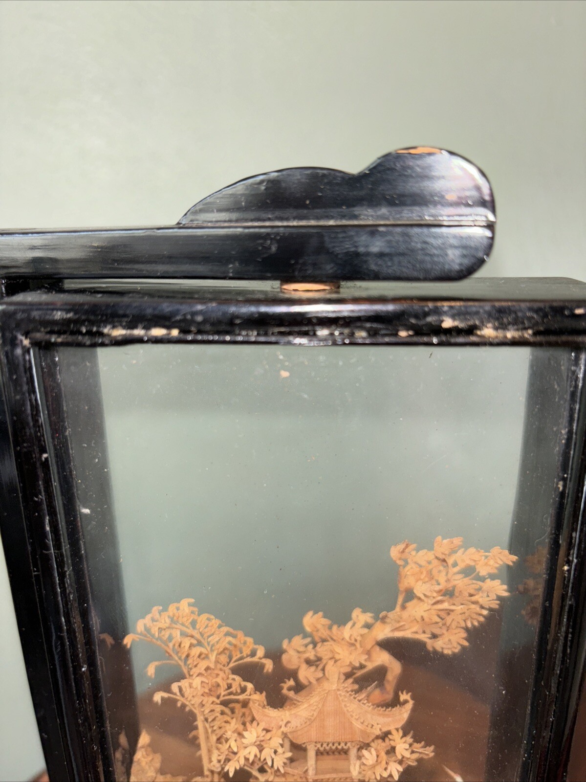 VTG Oriental Hand Carved Cork Diorama of Pagoda & Crane in Dark Wood Swing Base