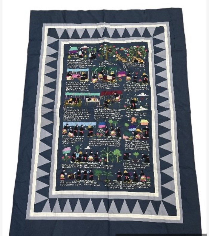 Vintage Hmong Hand Embroidered story cloth tapestry 38X52 Beautiful Blanket