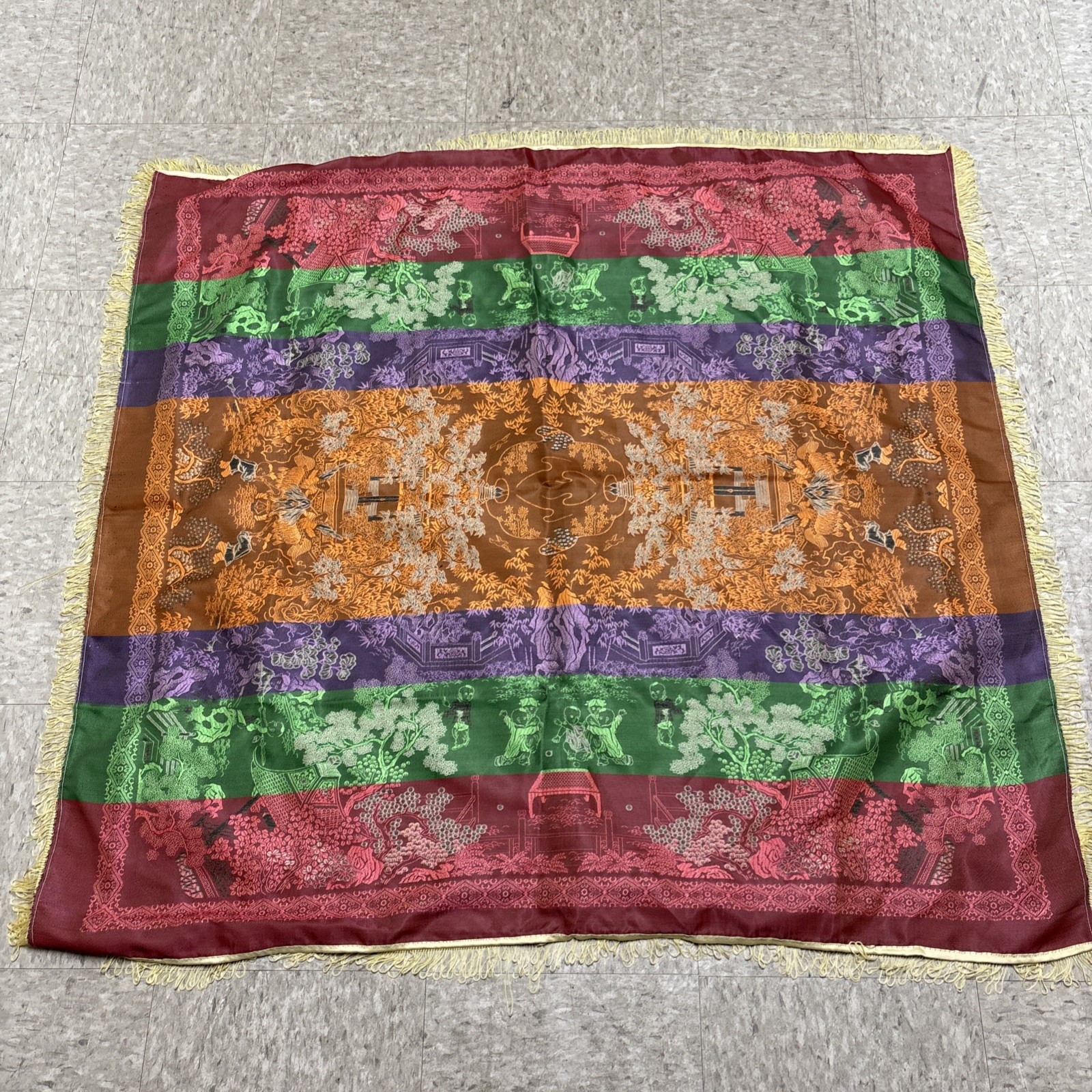 Vtg Brocaded Flowers Chinese Silk Scenic Square Tapestry Table Cloth 46″ X 48″