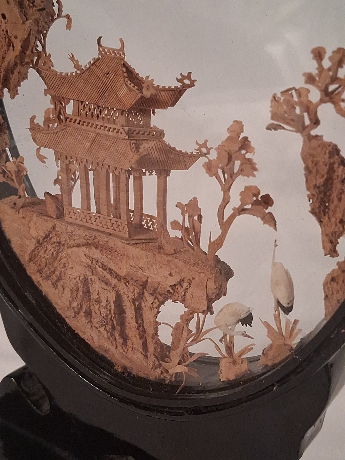 San You Chinese Carved Cork Diorama Glass Case Cranes Pagoda Trees 8 Inch