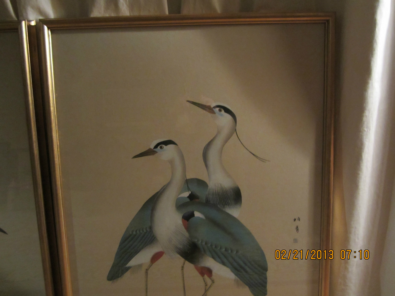 Large Asian Chinese Heron Crane Bird Art Pictures-Hand Painted Set Of 2-Stunning