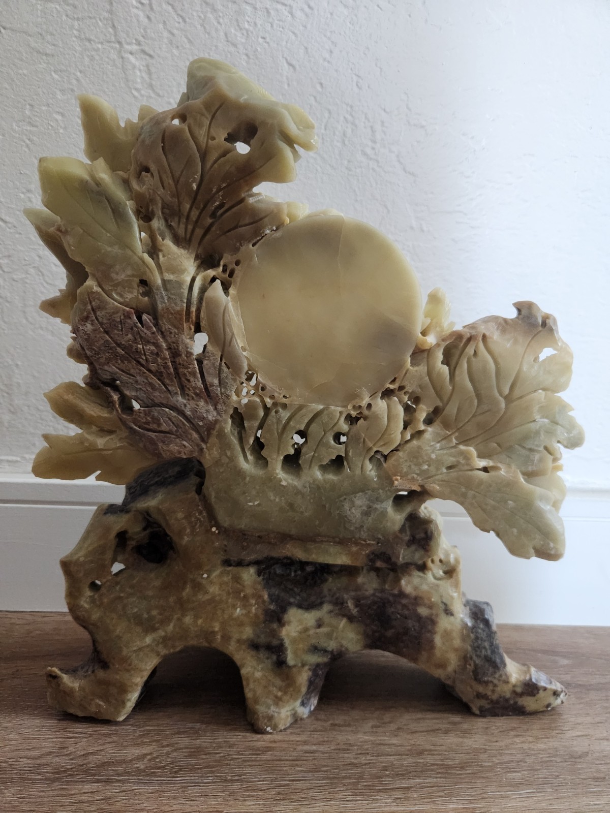 Exceptional Ornate Chinese Soapstone Carving Birds Flowers & Fruit 12″ x 13.5″ T