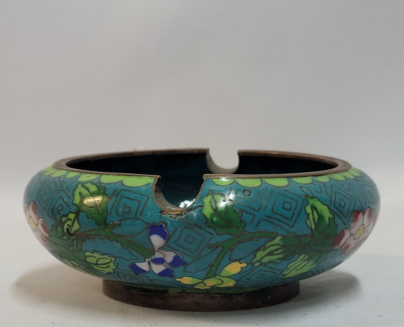 Lot of 2 Chinese Cloisonné Flip-Top Ashtray Colorful Floral Design