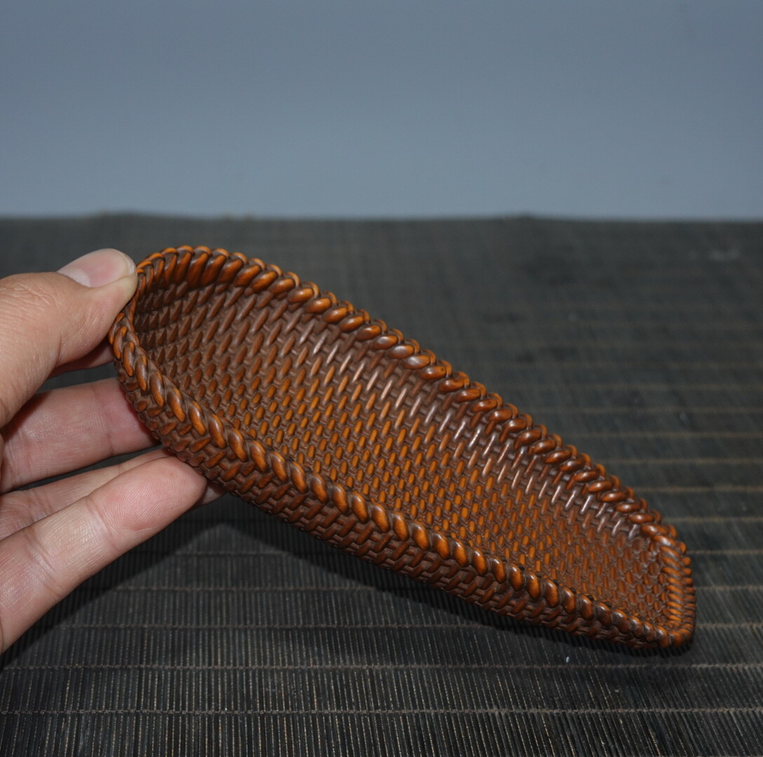 6.1″ Collect Chinese Box-wood Carving Woven Pattern Tea Shovel Statue