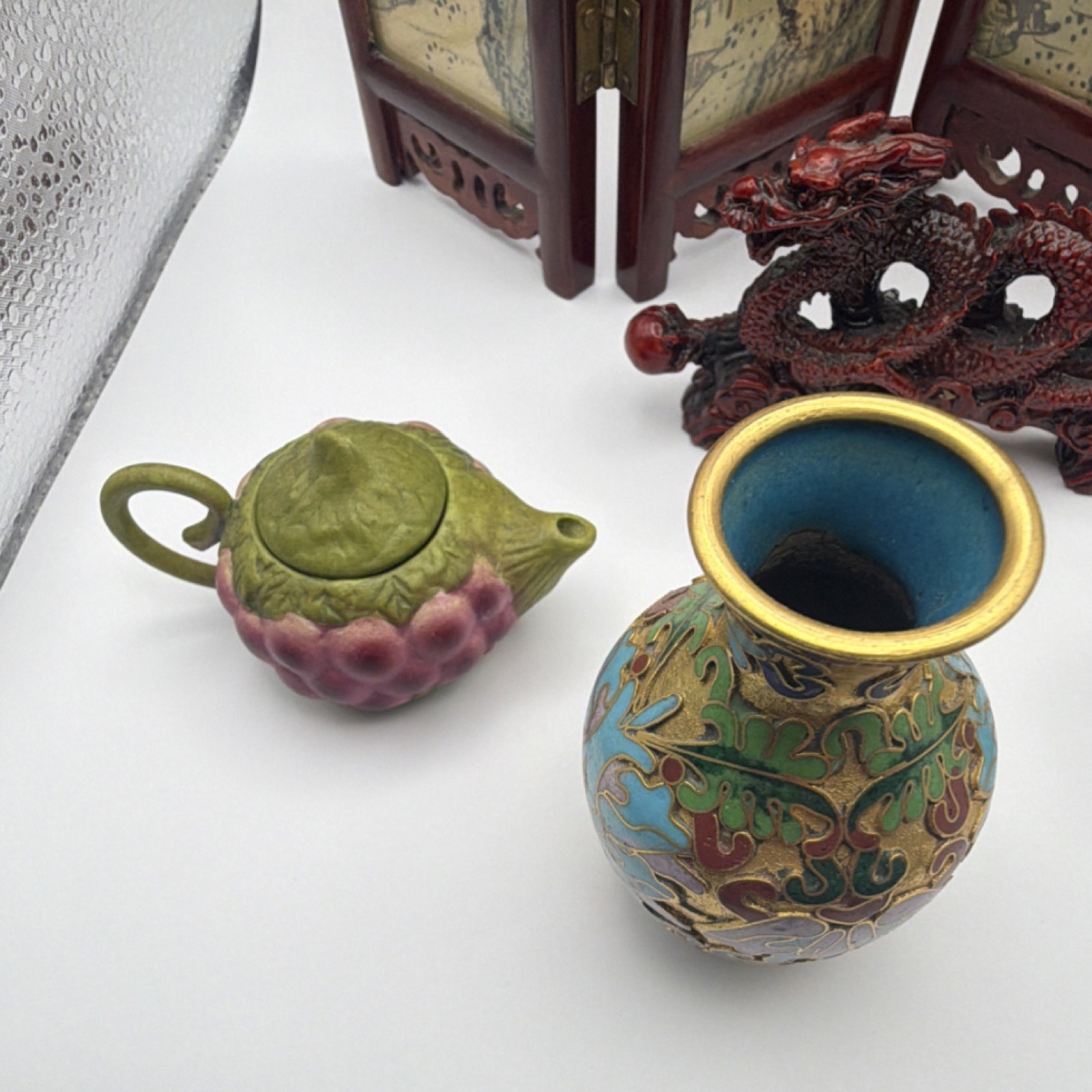 Antique Chinese Handmade Collectible Set: Vase, Teapot, Dragon, Elephant, Screen