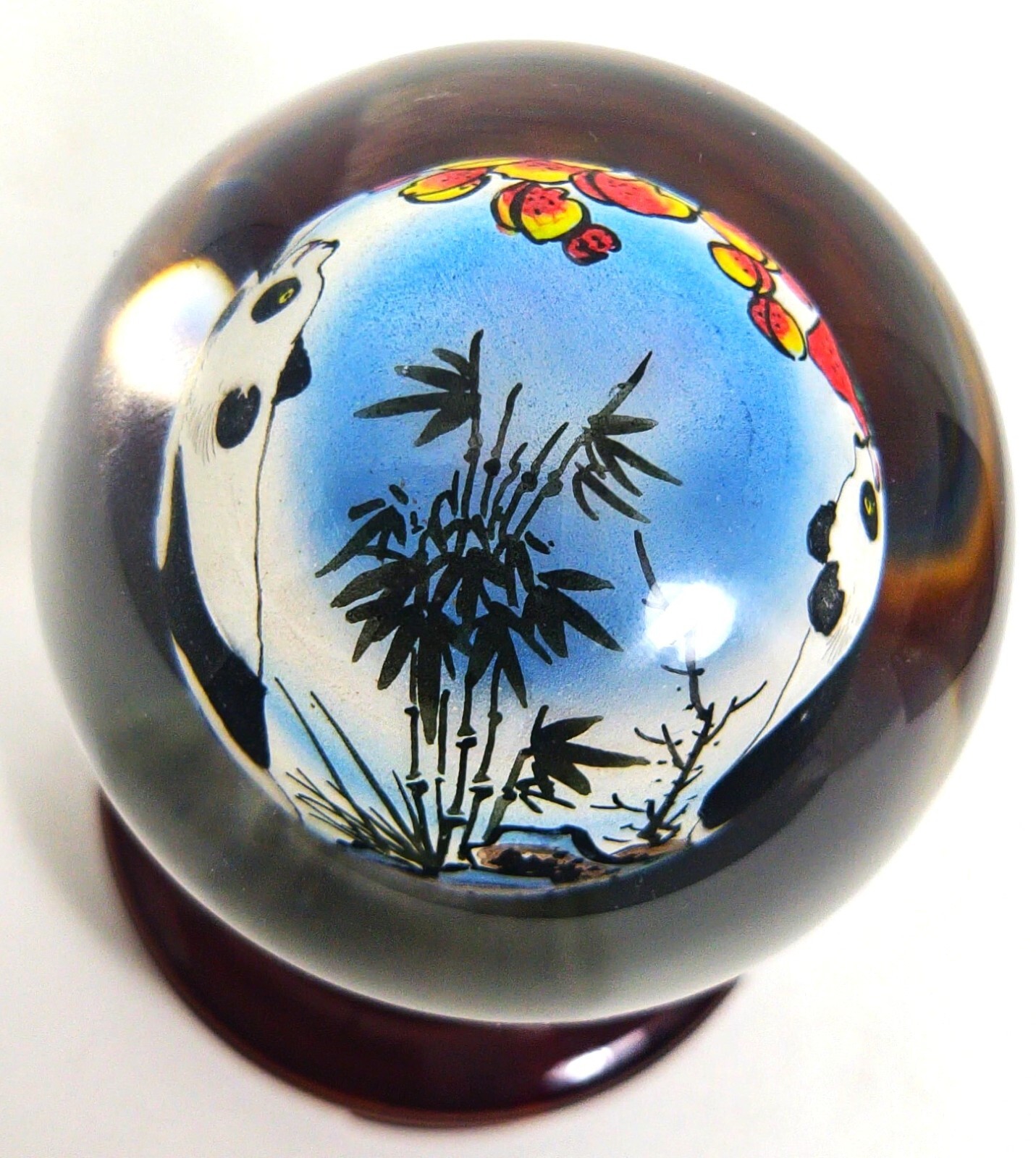 Chinese Reverse Painted Snuff Bottle Globe on Teak Pedestal Hand Painted Pandas