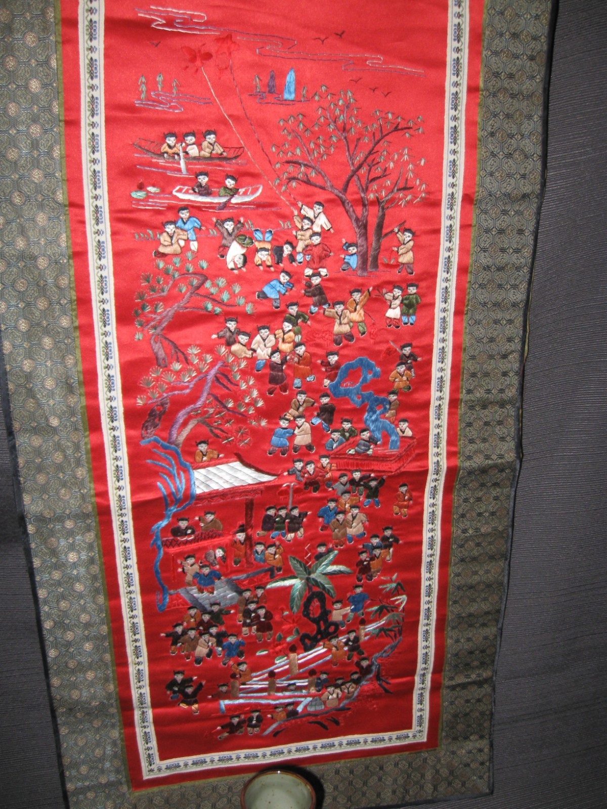 Asian Lot Silk Art Framed Signed Peony Embroidered 2 Sake Sets 100 Children silk