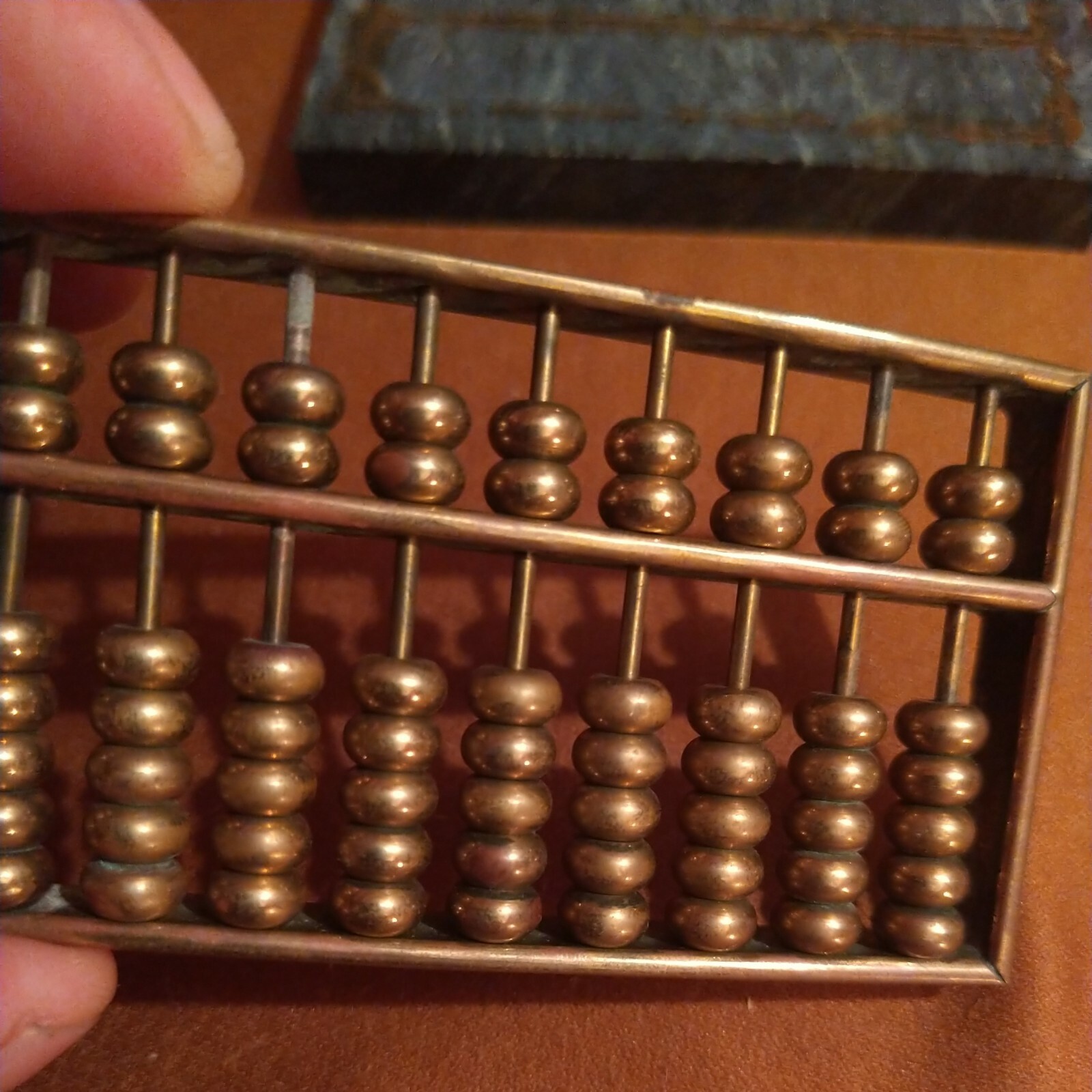 Vintage Chinese Green Marble And Brass Beaded Mini Abacus Math Counting