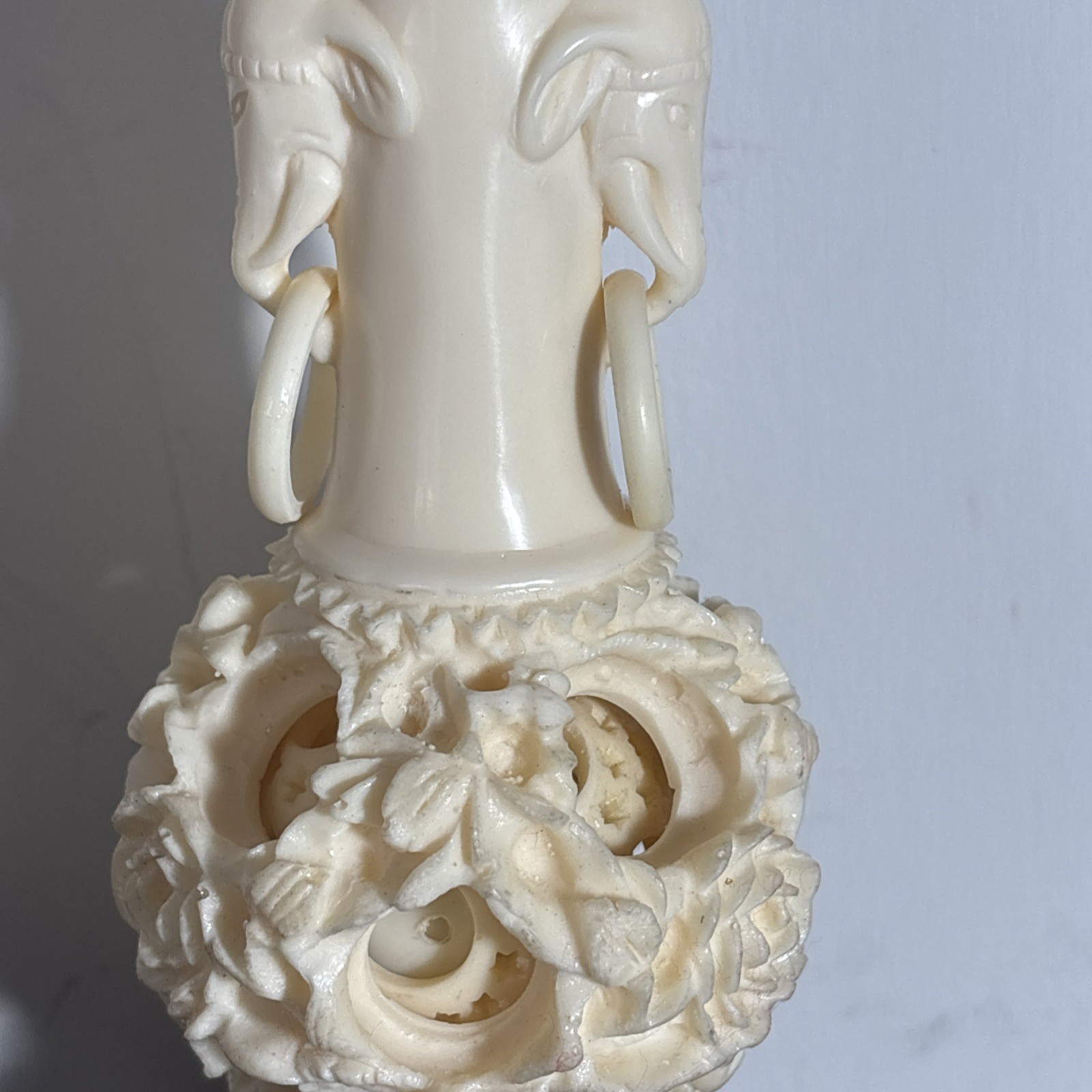 Vintage Chinese Puzzle Ball w/Elephants on Stand Faux Ivory in Plastic Front Box