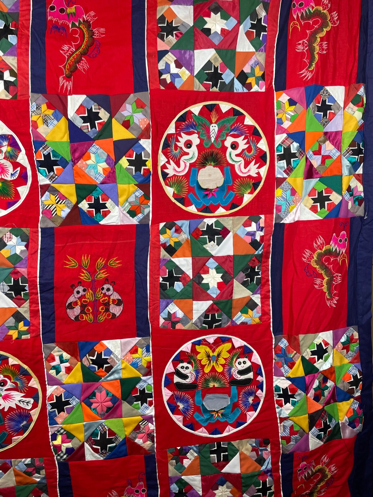 Chinese Bai Jia Bei Patchwork Quilt 62″ x 60″ double sided Frog Panda Dragon