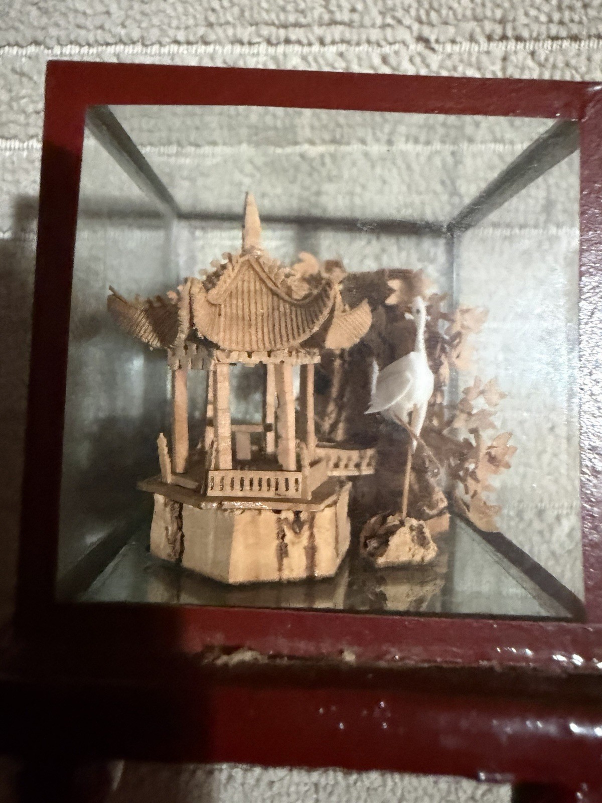 Vintage Chinese Mini Carved Cork Scene In Glass Case
