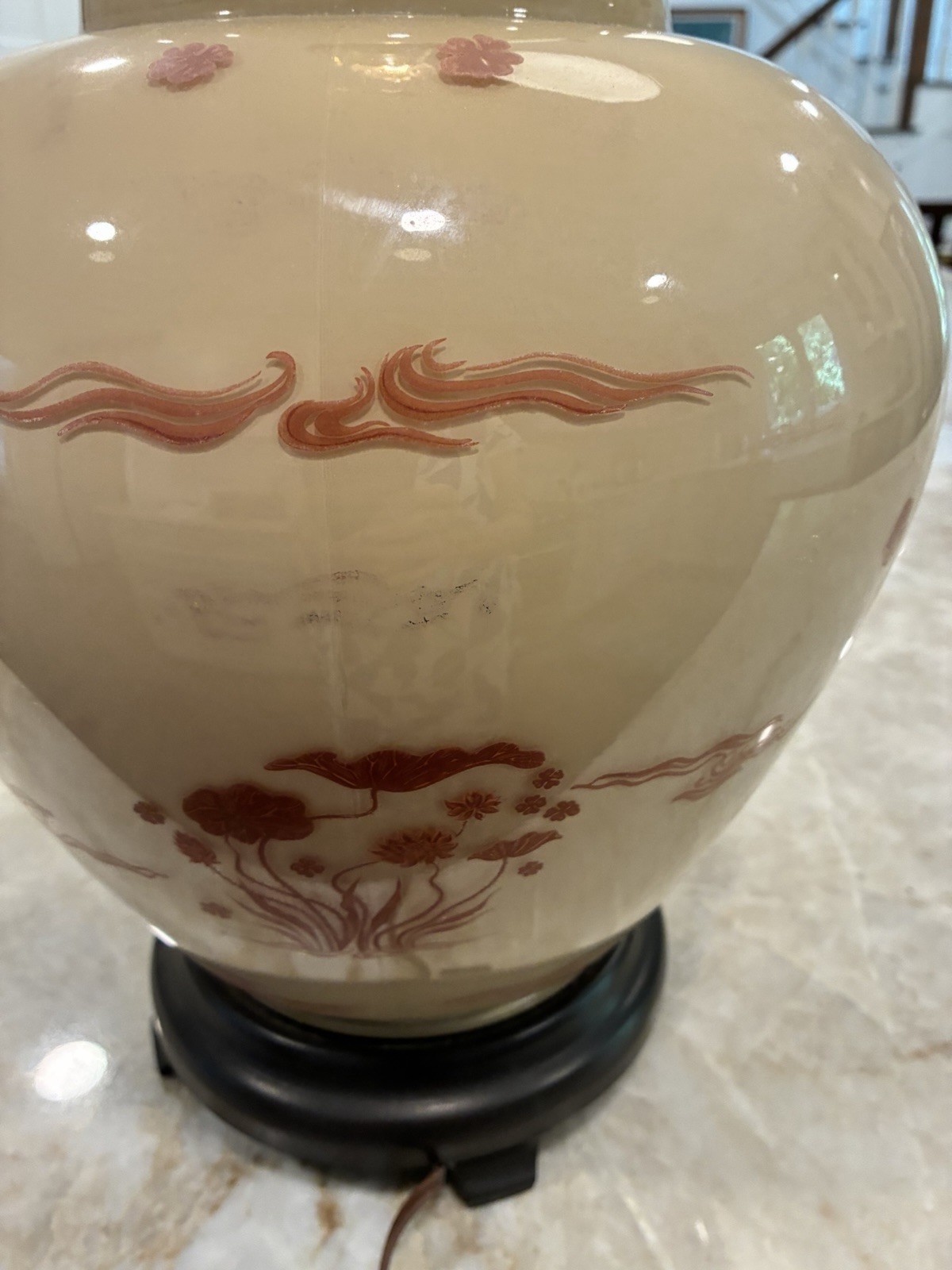 Asian Tanner Kenzie Style Ginger Lamp Raised Lotus Flowers 27″ Read