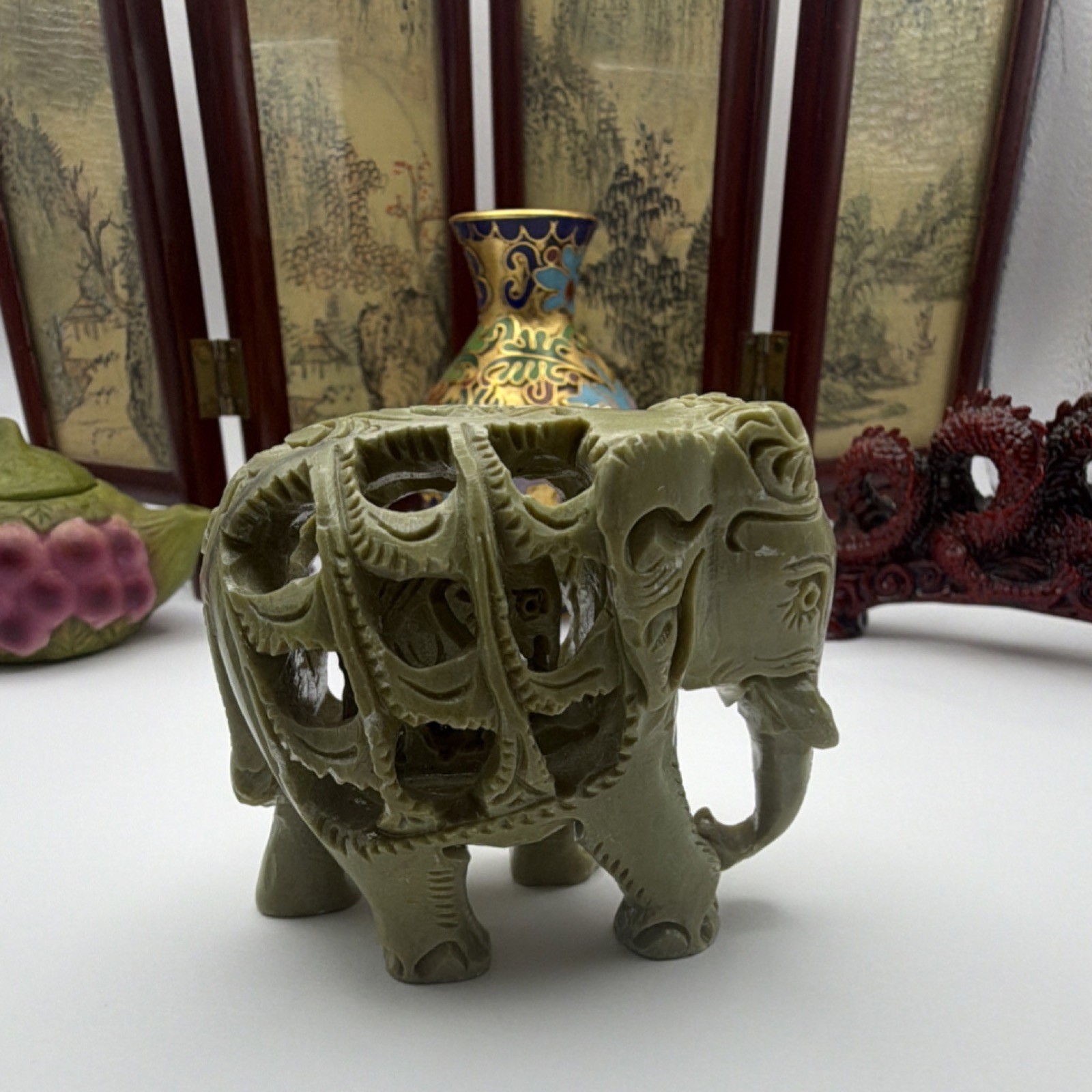Antique Chinese Handmade Collectible Set: Vase, Teapot, Dragon, Elephant, Screen