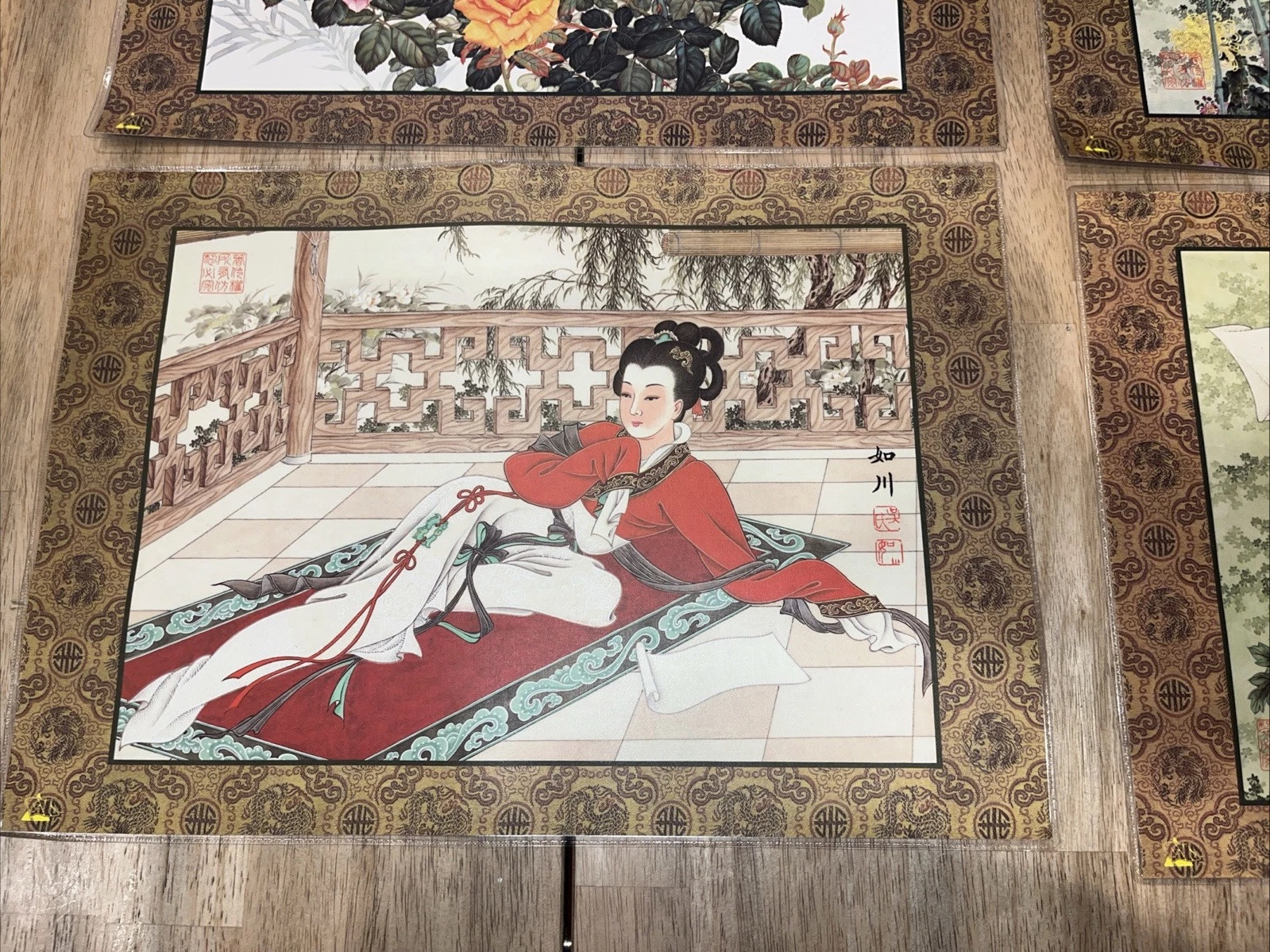 H136~ Chinese Silk Placemats Hand Painted Watercolors Double Sided Laminate