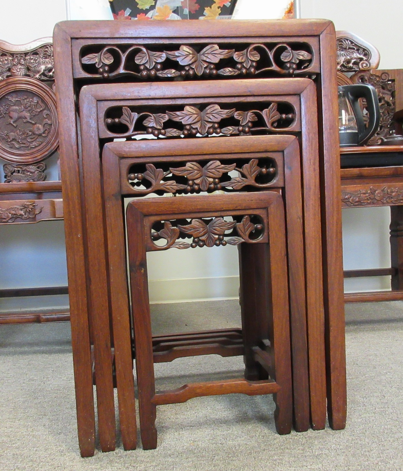Chinese solid wood carved openwork four-piece flower stand set