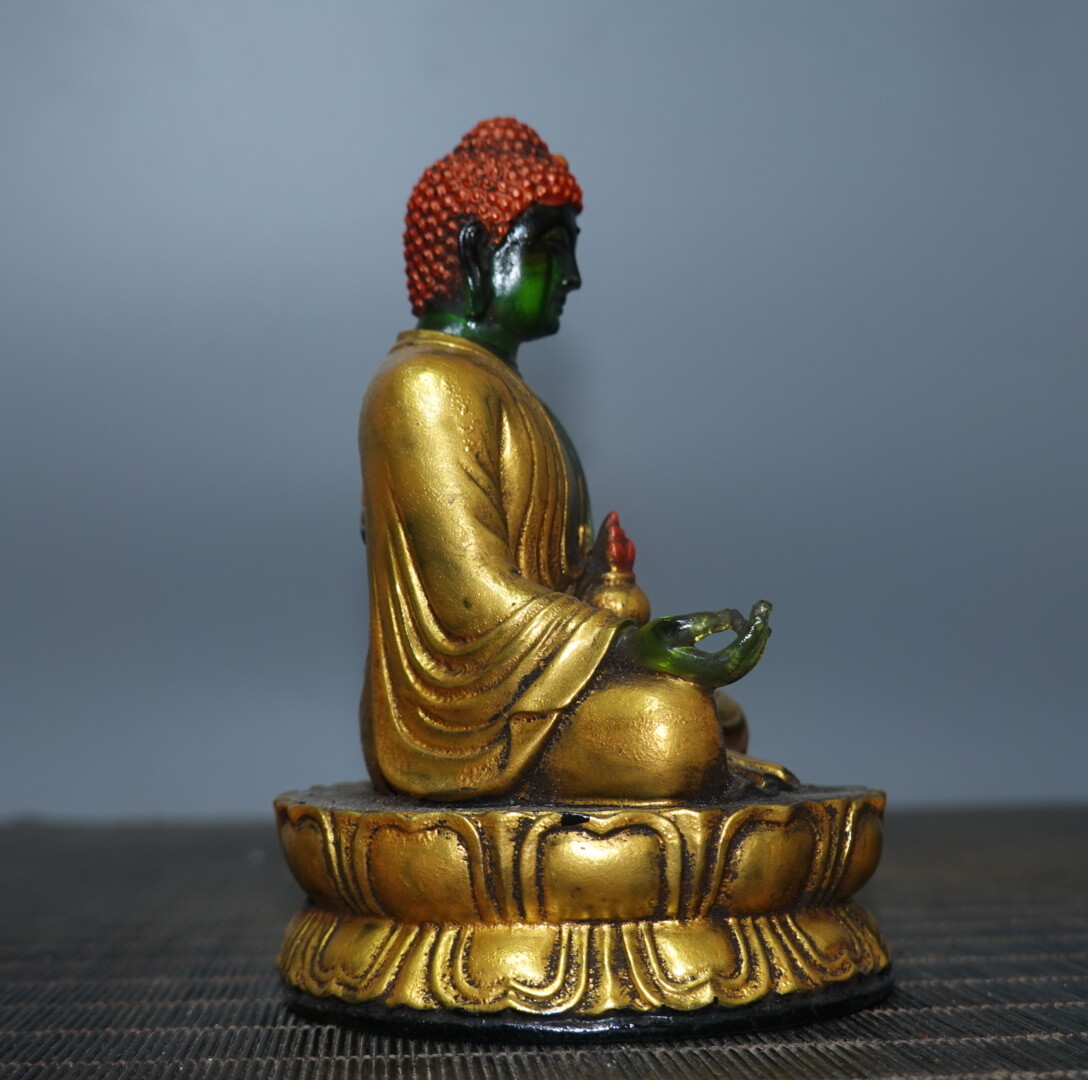 4.7″ Chinese Green Coloured Glaze Paintings Gild Buddhism Medicine Buddha Statue