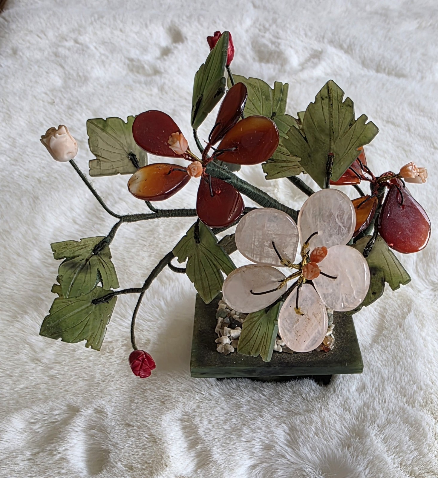 Small Hand Carved Chinese Jade & Semiprecious Stone Flower Bonsai Tree Figurine