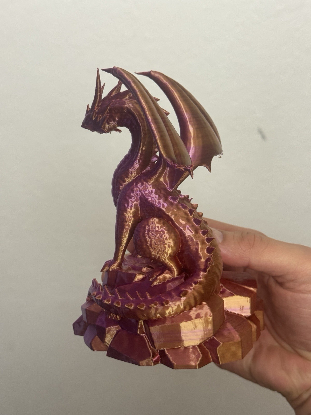 BICOLOR Dragon Figurine (Violet & Gold) Mouth Damaged! – H 6.5” × W 5” × D 4.5”