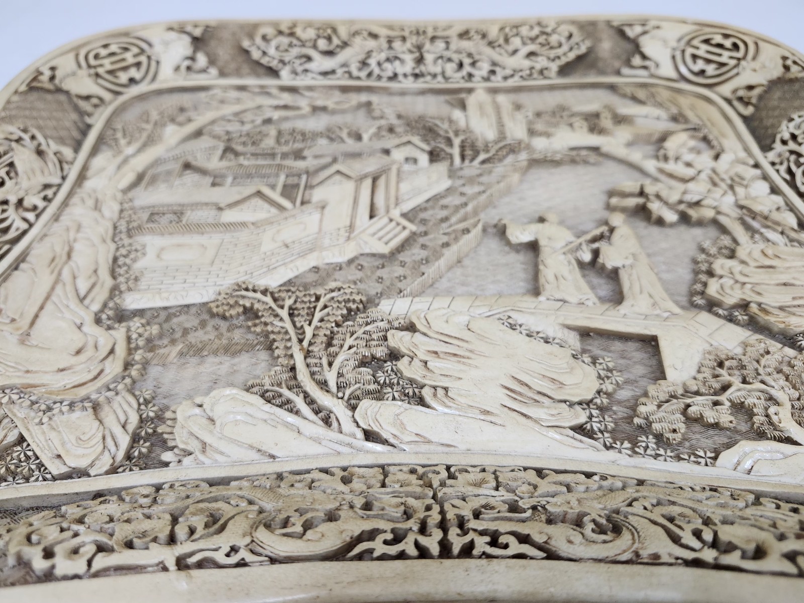 Vintage Asian Carved Look Resin Tray Landscape Figures Scene 14″ x 12″ Chinese