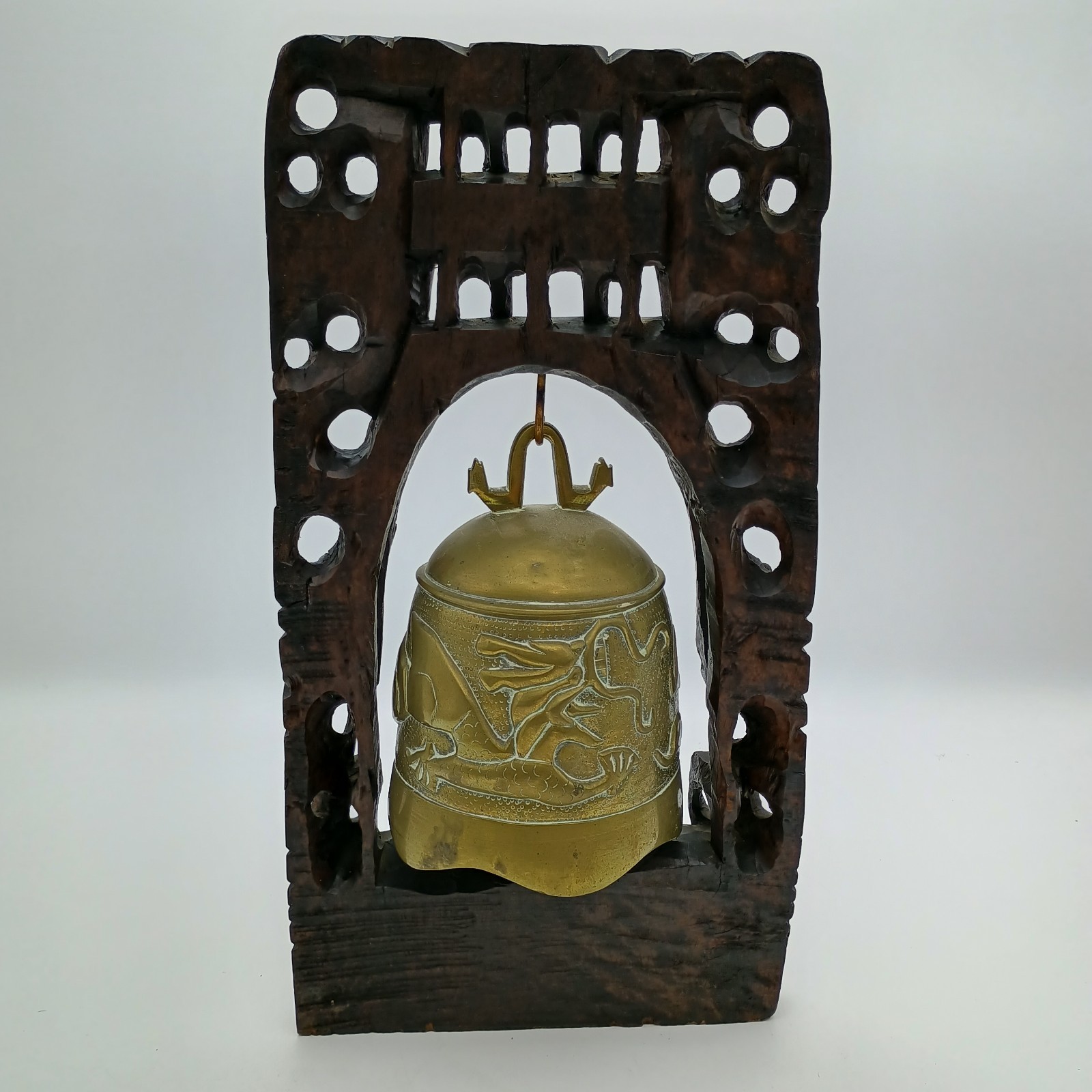 Vintage Chinese Wood Hand Carved Frame Holder With Brass Bell Dragon