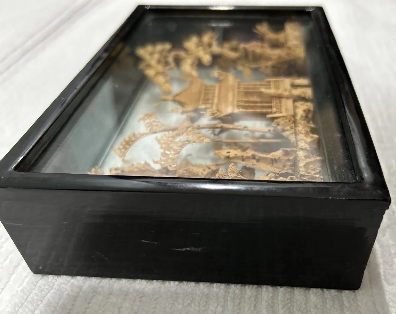 Chinese Carved Cork Art Shadow Box Pagoda Black Wood Frame 7.5”x5”