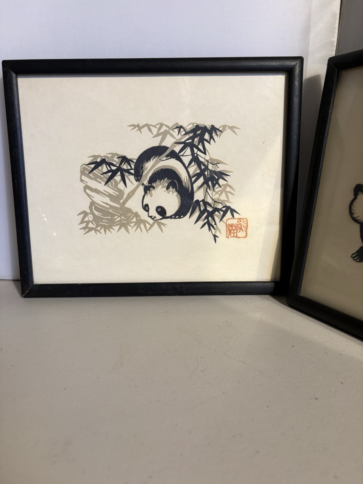 Pair of Chinese Folk Art Hand Cut Panda Paper Cut Outs 1979 8×10 Bear