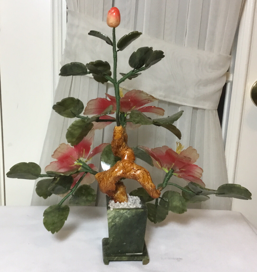 Vintage Chinese Hand Carved Jade Pink Flowering Bonsai Tree Plant14.5”H x 14”W