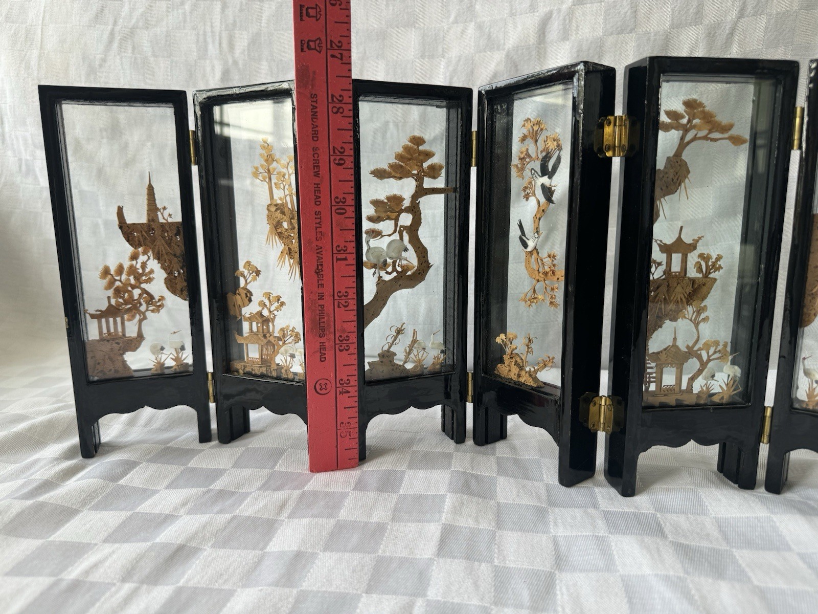 Chinese Cork Art Folding Screen 6 Panel Diorama Landscape Pagoda Black Lacquer
