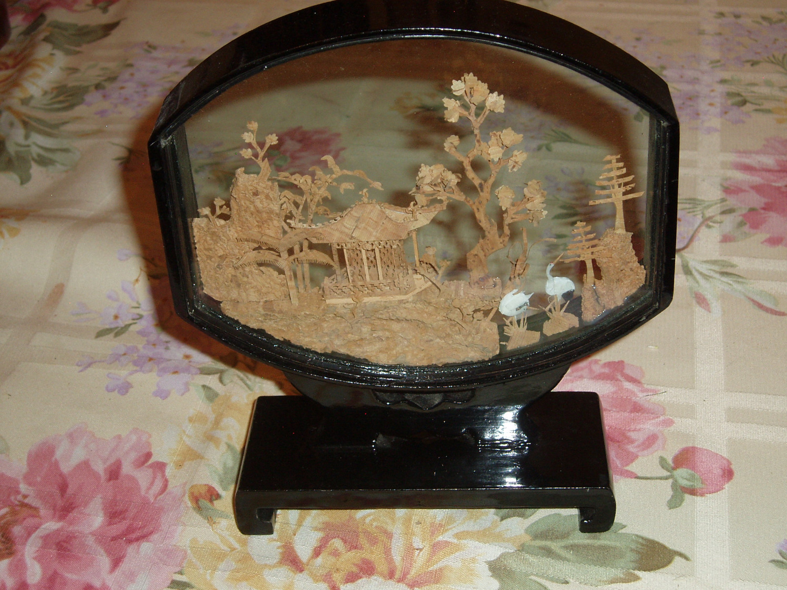 Vintage Chinese Artwork Cork Sculpture Rounded Display Pagoda Cranes Trees