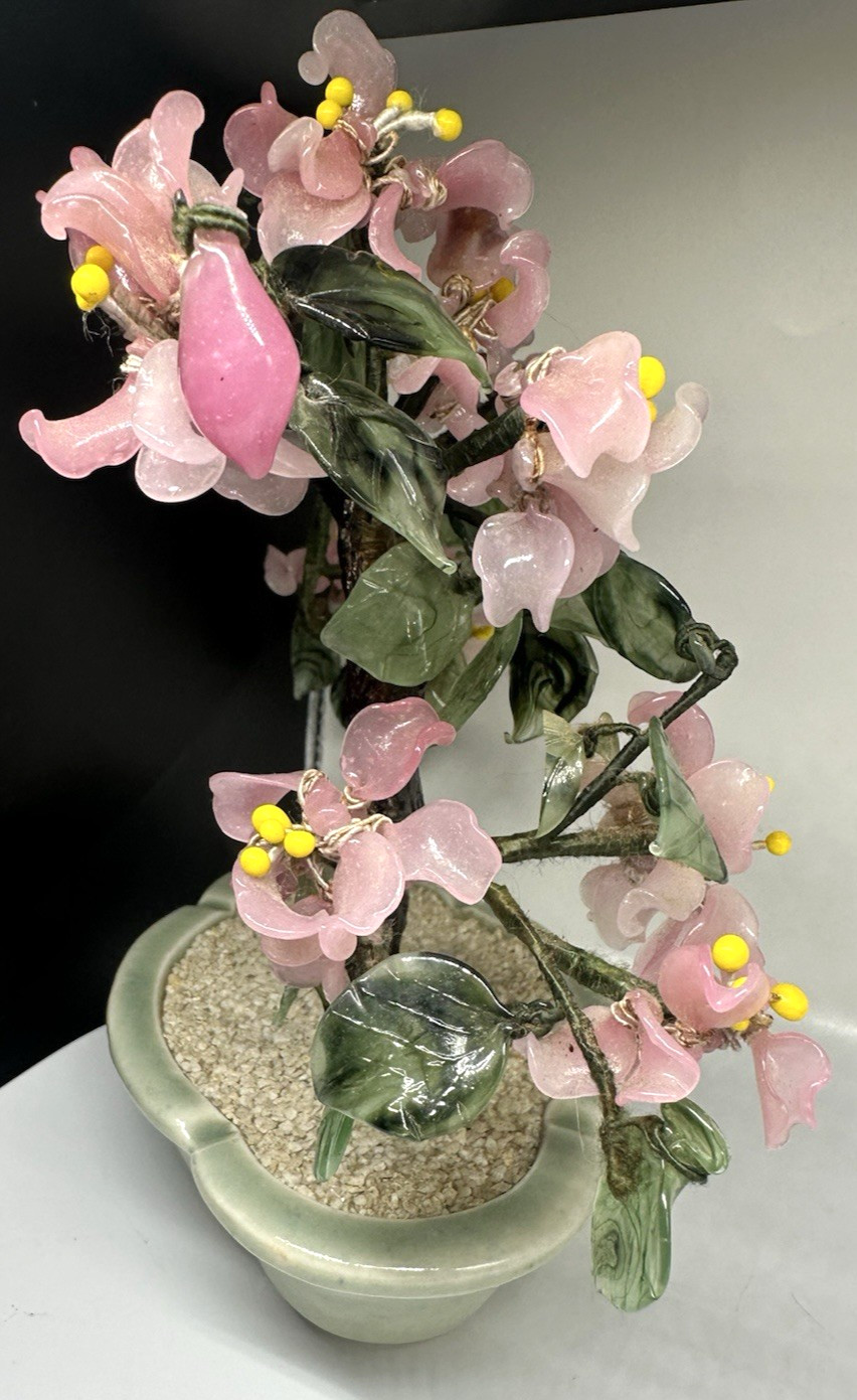 Vintage Chinese Bonsai Tree Glass Cherry Blossom Jade Leaves in Pot 9 ” X 9″