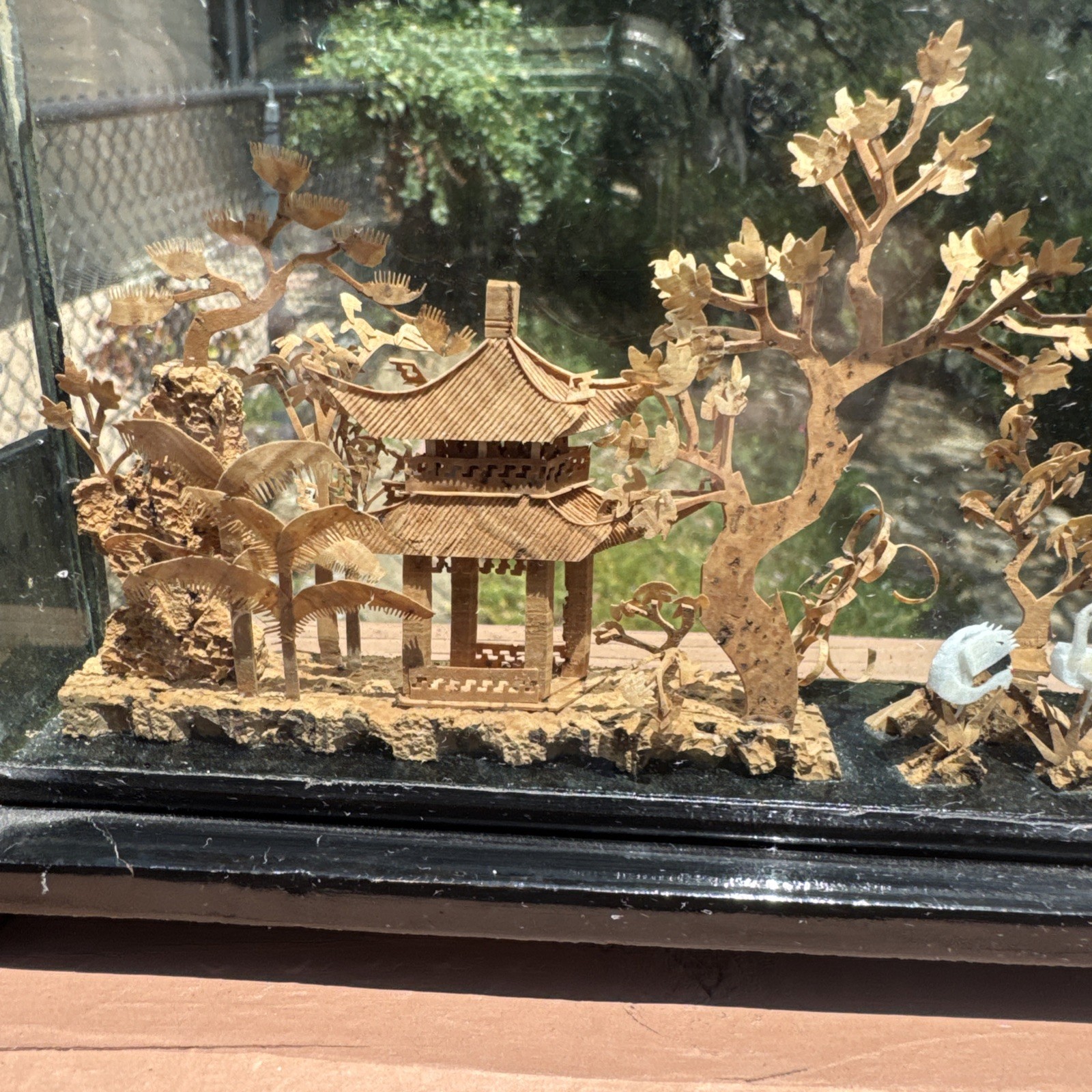 Vintage Chinese Hand Carved Cork Diorama with birds Framed Glass Wood 8” x 5”