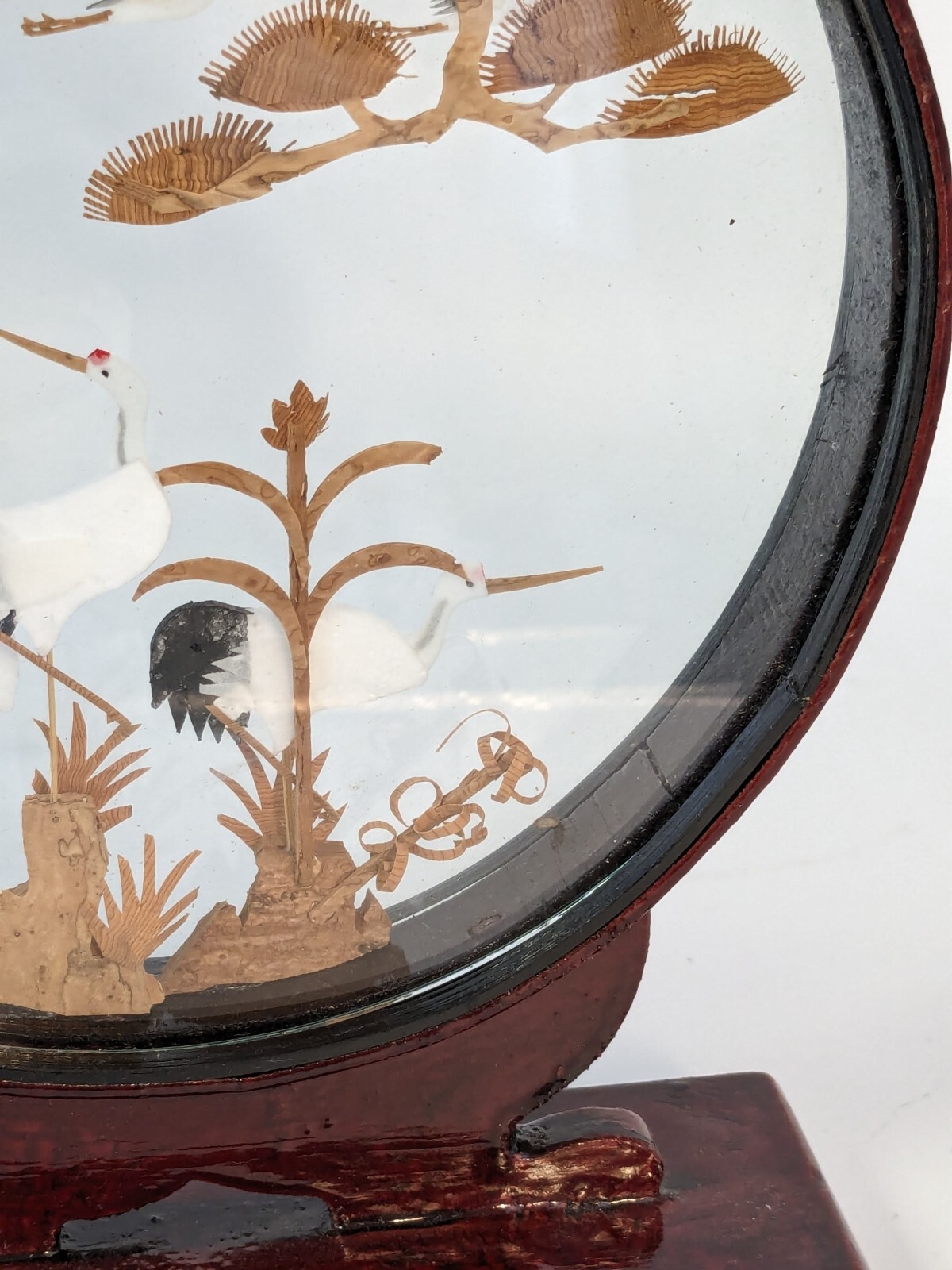 Chinese Cork Sculpture White Cranes Diorama Round Wood Frame