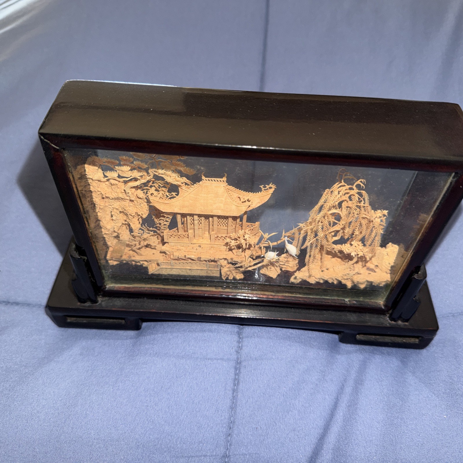 Vintage Chinese San You Cork Art Hand Carved Diorama Pagoda Cranes Trees