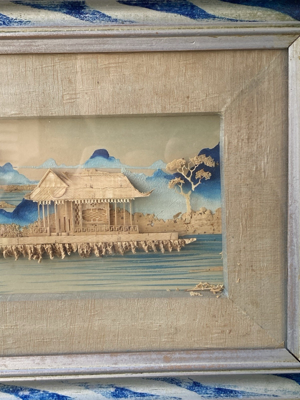 Vintage Chinese Cork Carving Zhenjiang Jinshan Temple Framed Diorama 23×11