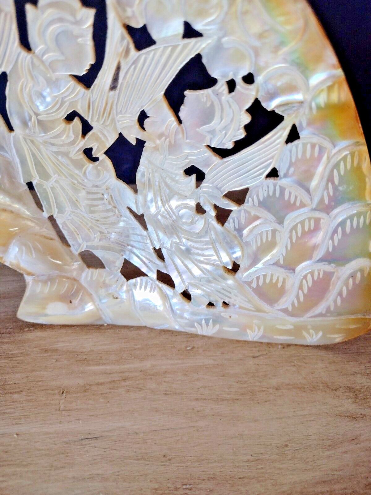 Hand Carved Mother of Pearl Shell Plaque Asian Dancer Abalone Seashell Carving 5