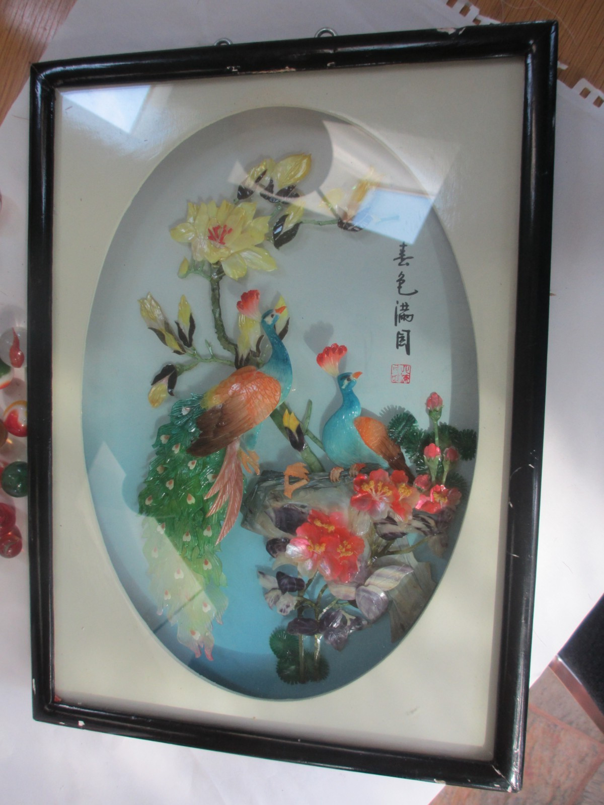 Chinese Carved Shell Art Shadow Box Birds and Flowers 15″ X 11″