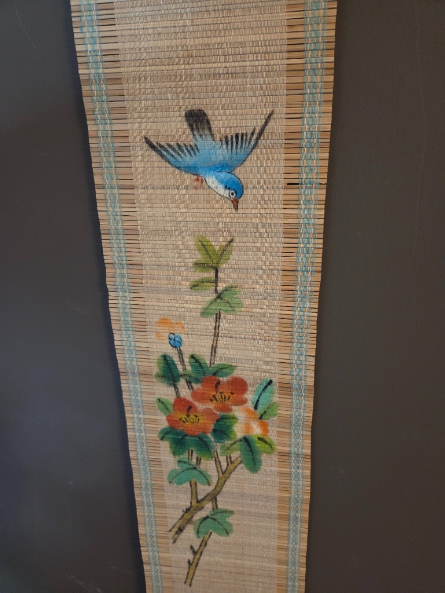 SET OF 3 VINTAGE CHINESE TAPESTRY HAND PAINTED ON BAMBOO BIRD WALL ESTATE FIND
