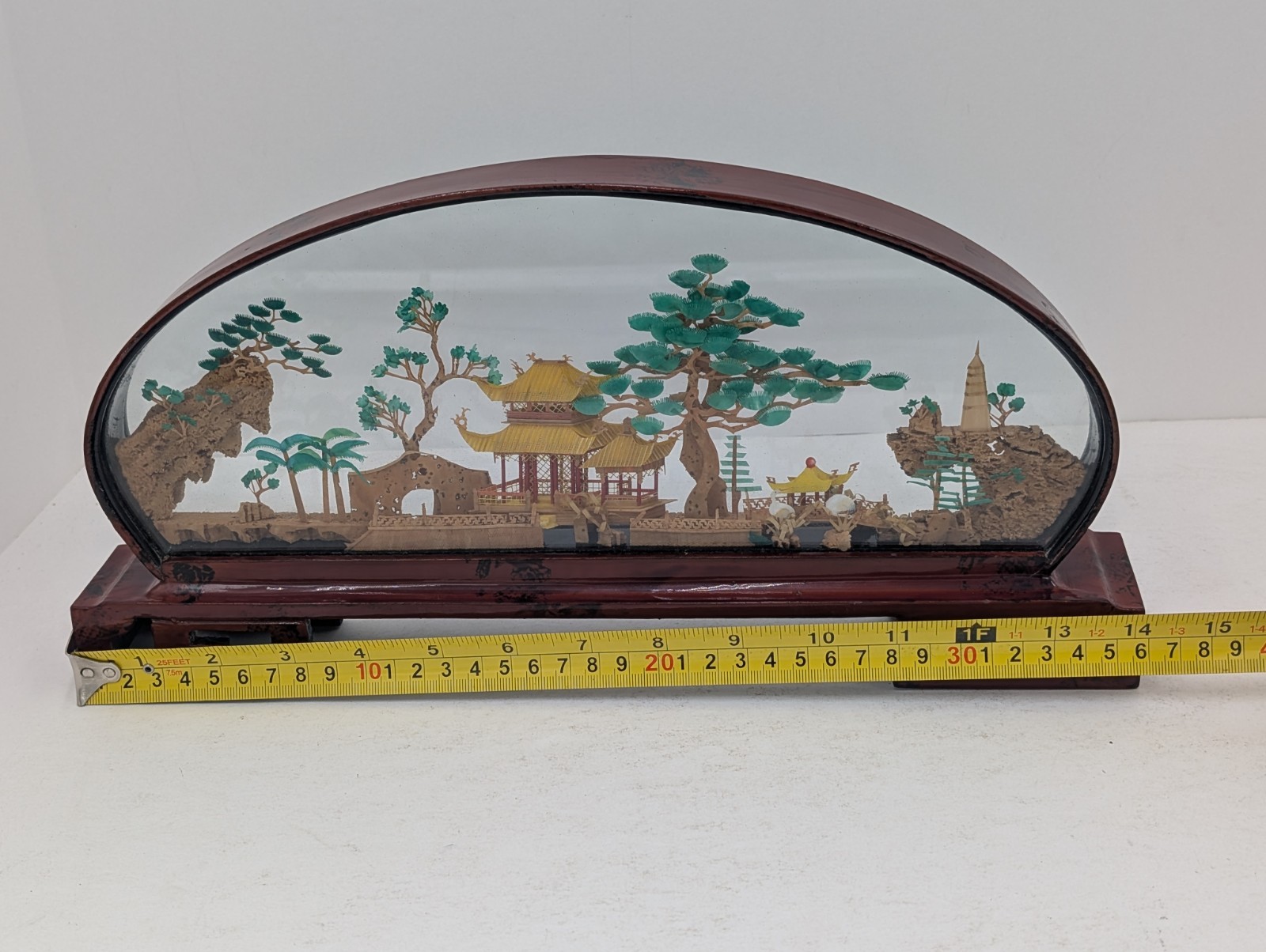 Vintage Oval Chinese/Asian Cork Art Hand Made Lacquered Wood With Glass 14x7x2
