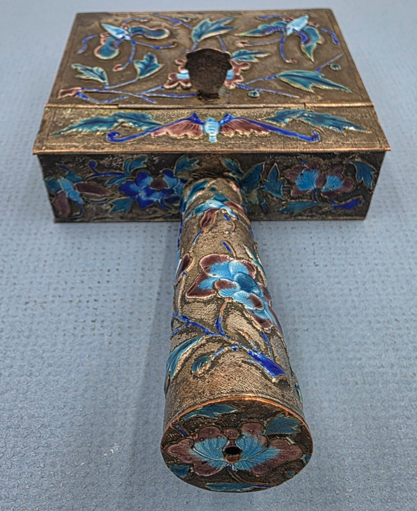 VTG Home Decor Ashtray Chinese Enamel Cloisonne Brass Butterfly Silent Butler