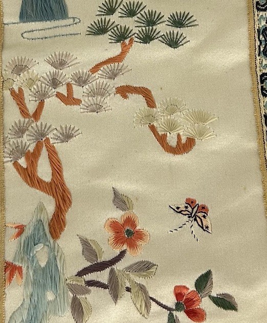 Vintage Asian Silk Panels Embroidery Needlepoint Wall Hanging Set Lot Pair 2