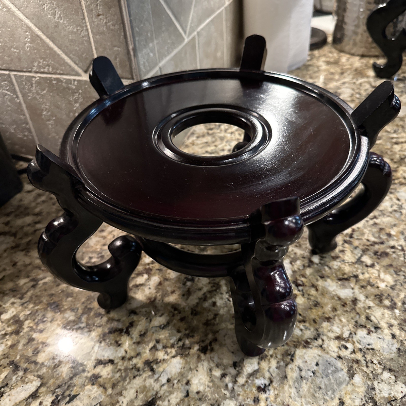Vintage Large Chinese Dark Cherry Wood Stand 10” Diam For Urn Plant Fish Bowl