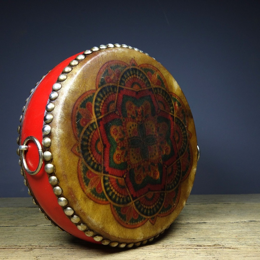Vintage Hand Painted Cowhide Drum Tibetan Dharma Wheel Decor 25cm
