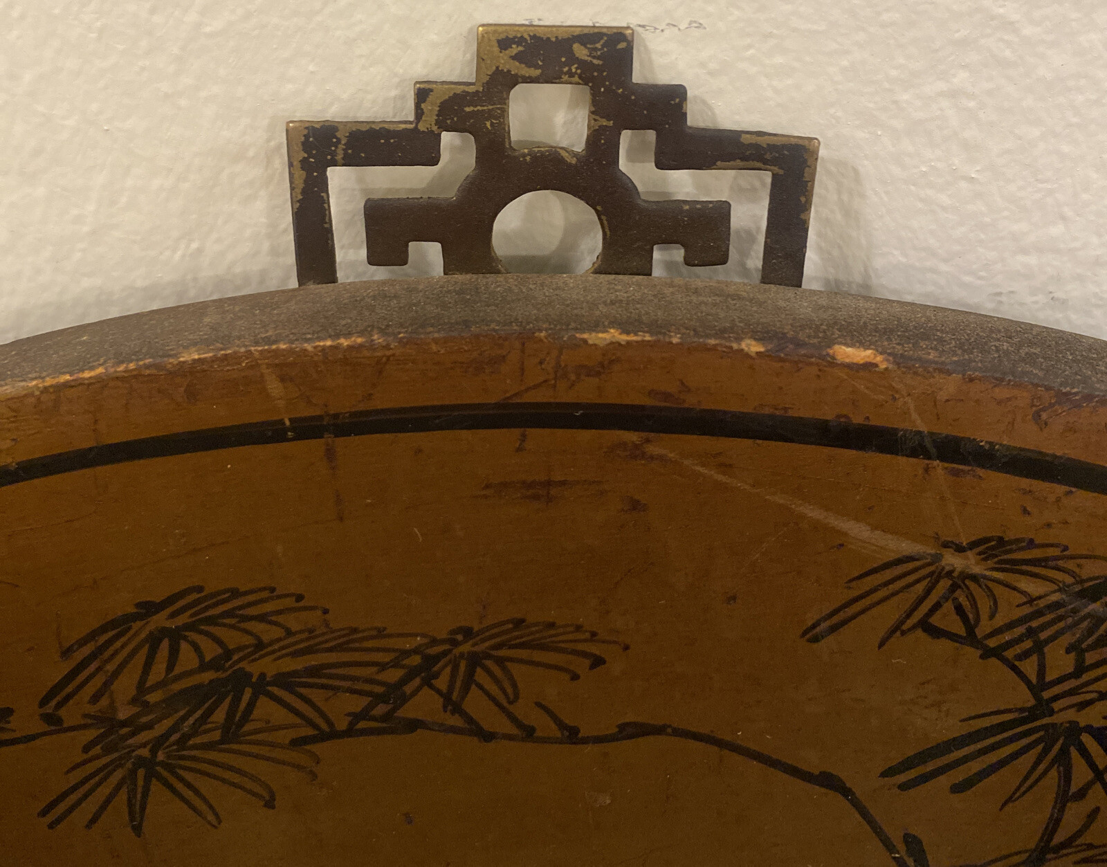 VTG Chinese Lacquered Wooden Painted & Carved Fan Wall Hanging Plaque 18” X 10”