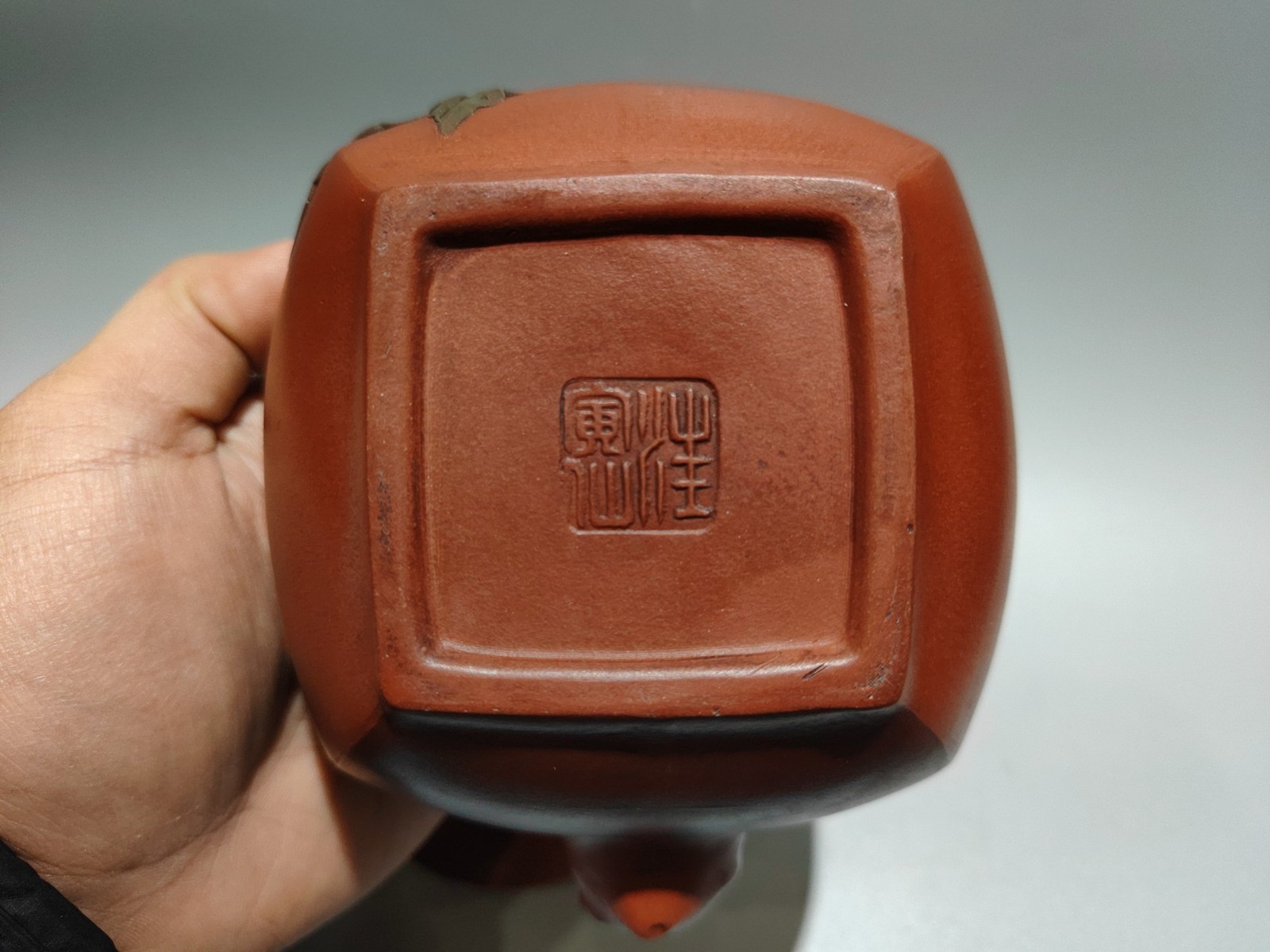 5.9″China Yixing Zisha Pottery red Clay 380CC square longevity peach beam Teapot