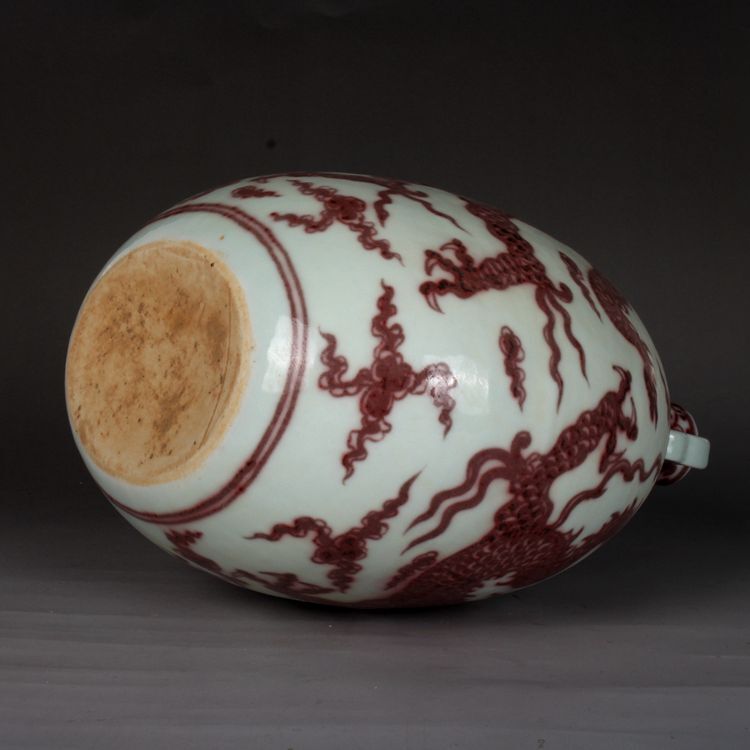 10.2″ Chinese Yuan Porcelain Red Glaze Hand Painting Animal Dragon Oblate Vase