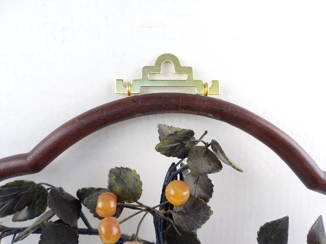 Vintage Chinese Jade Agate Stone Flower Wall Plaque Wood Frame 13″